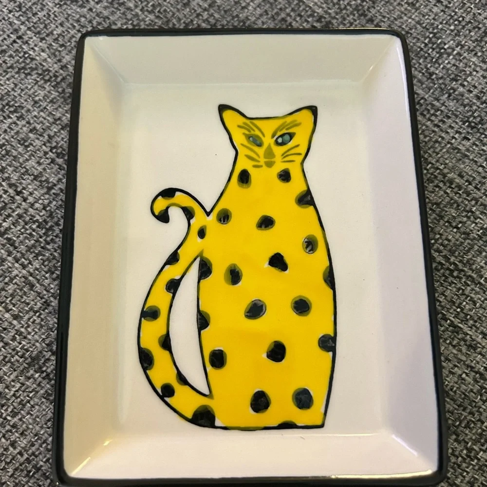 West Elm Fairy Tale Yellow Ceramic Cat Tray with Black Spot Accents